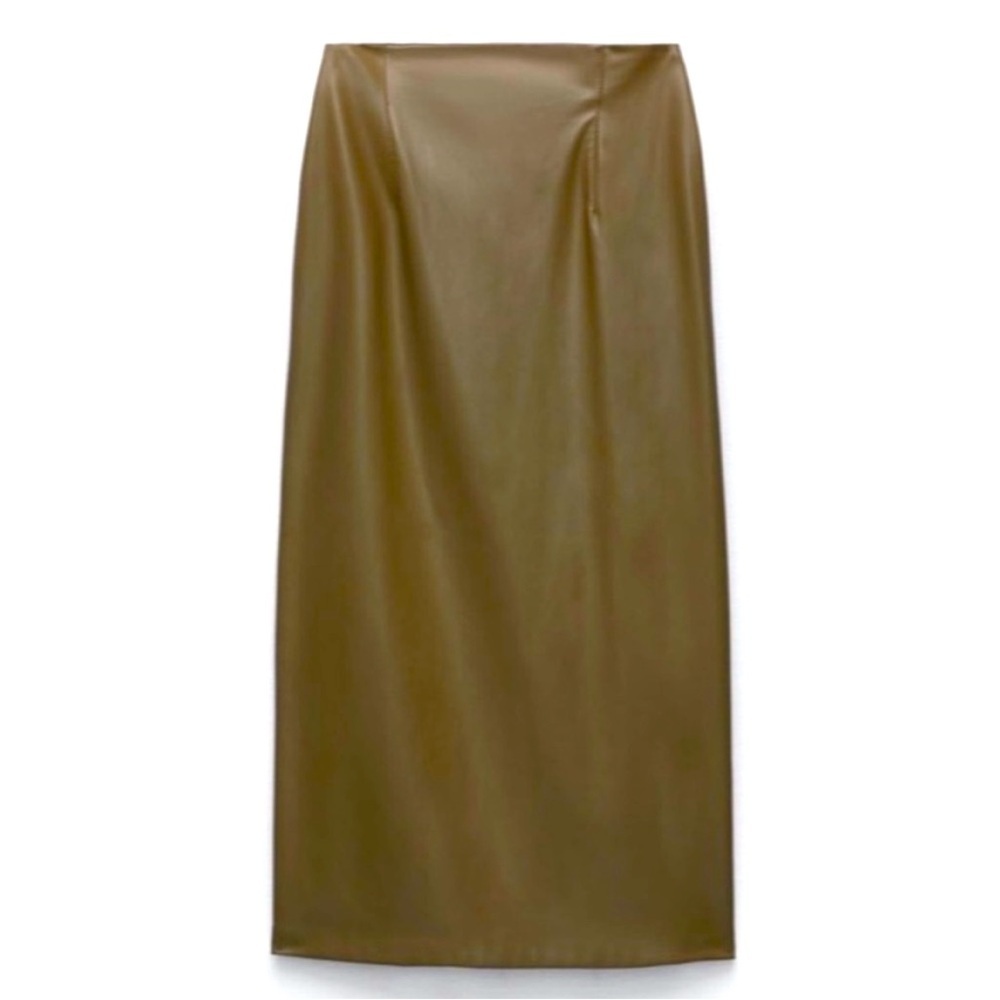 Zara Vegan Faux Leather Olive Green Pencil Skirt - M split front -viral skirt - Picture 5 of 6
